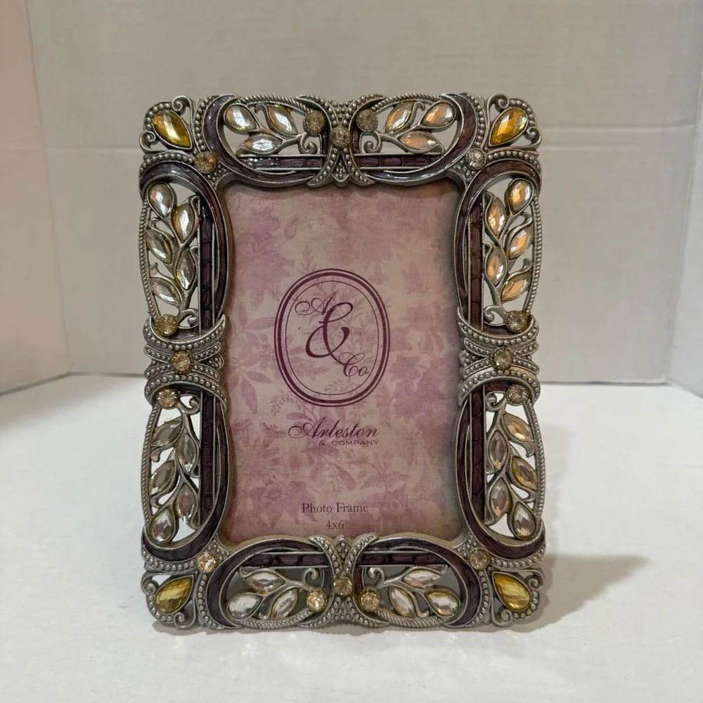Hollywood Regency Inspired Jeweled Rhinestone 4x6 Picture Frame Ornate Silver